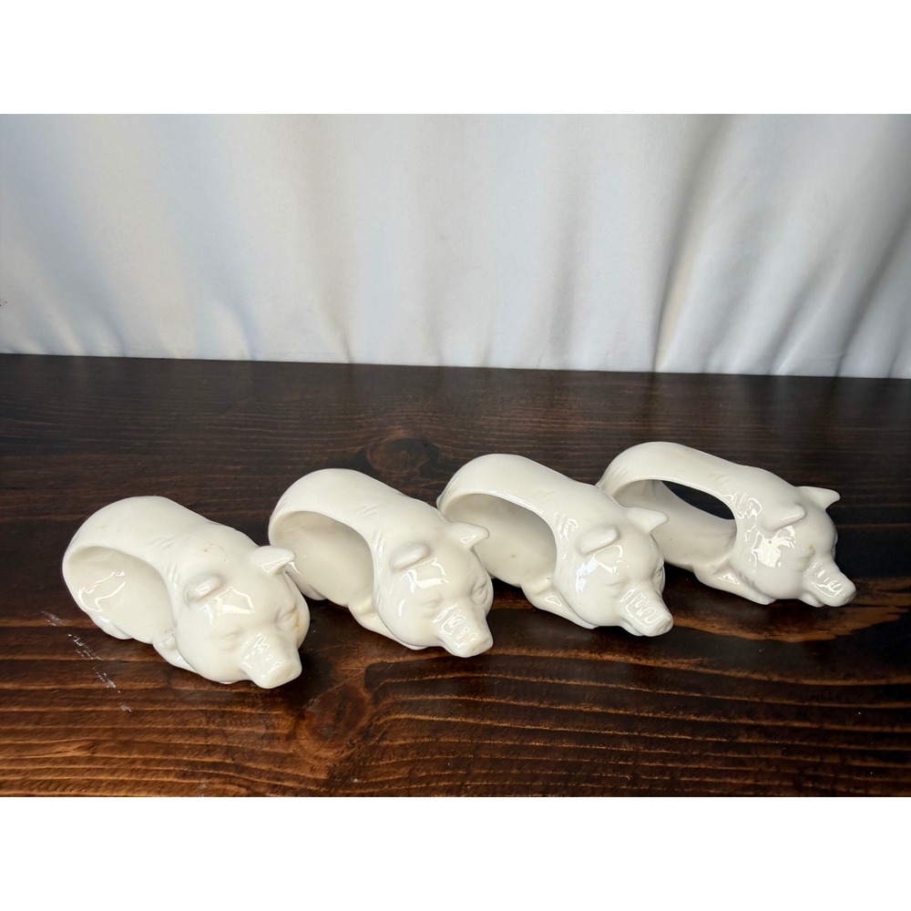 Vintage Shafford White Ceramic Pig Napkin Rings‎ Set of 4 Farmhouse Decor 2081